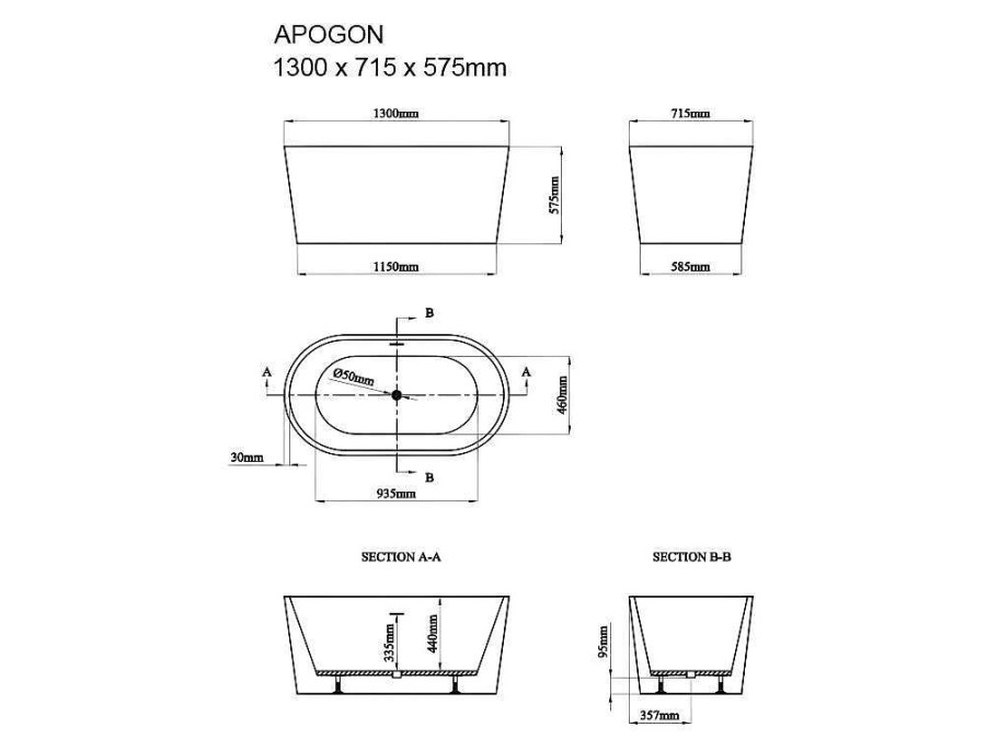 Banheira De Pousar | Shower & Design Banheira Oval Classica, 180 L, 130 X 71 X 58 Cm Acrilico Preto - Apogon