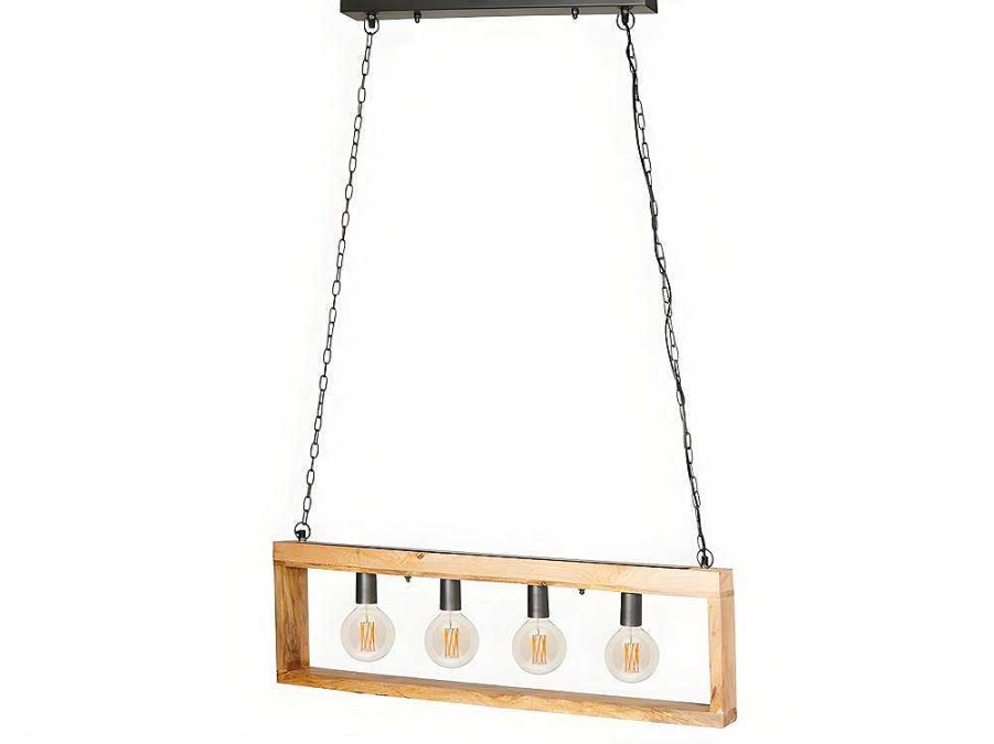 Candeeiro Suspenso | OZAIA Candeeiro De Teto Industrial Estrutura Retangular Em Madeira Madeira E Metal - 4 Lampadas - A. 31 X C.100 Cm - Natural E Preto - Olius