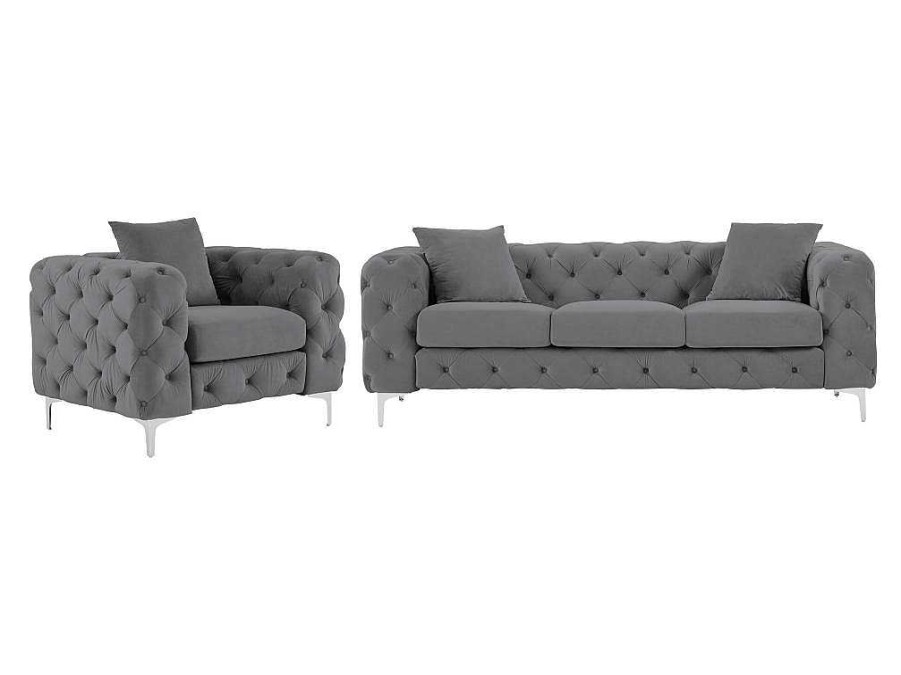 Conjunto Sofa E Poltrona | Vente-unique Sofa De 3 Lugares E Poltrona Em Veludo Antracite - Edwina