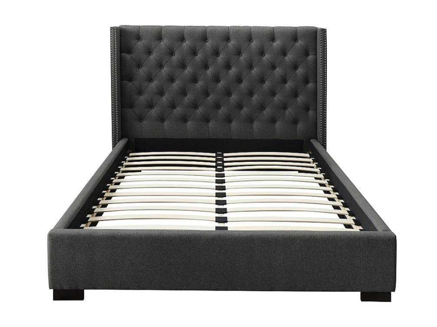 Cama De Adulto | Vente-unique Cama Massimo Cabeceira De Cama Em Capitone - 160X200Cm - Tecido Cinza