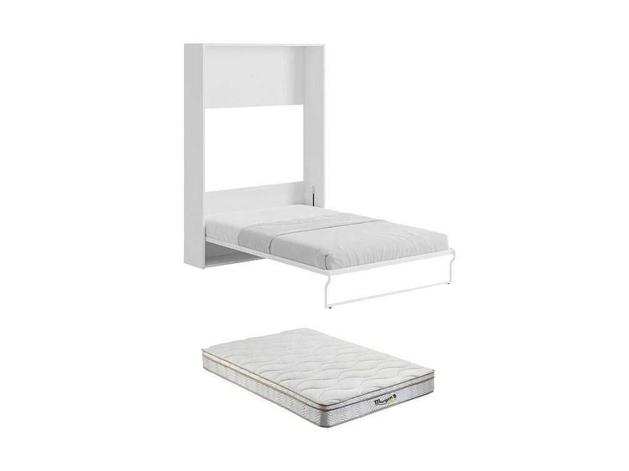 Cama Rebativel | Vente-unique Cama Rebativel 140 X 200 Cm, Abertura Vertical Manual, Branco E Cinza + Colchao - Malina Ii