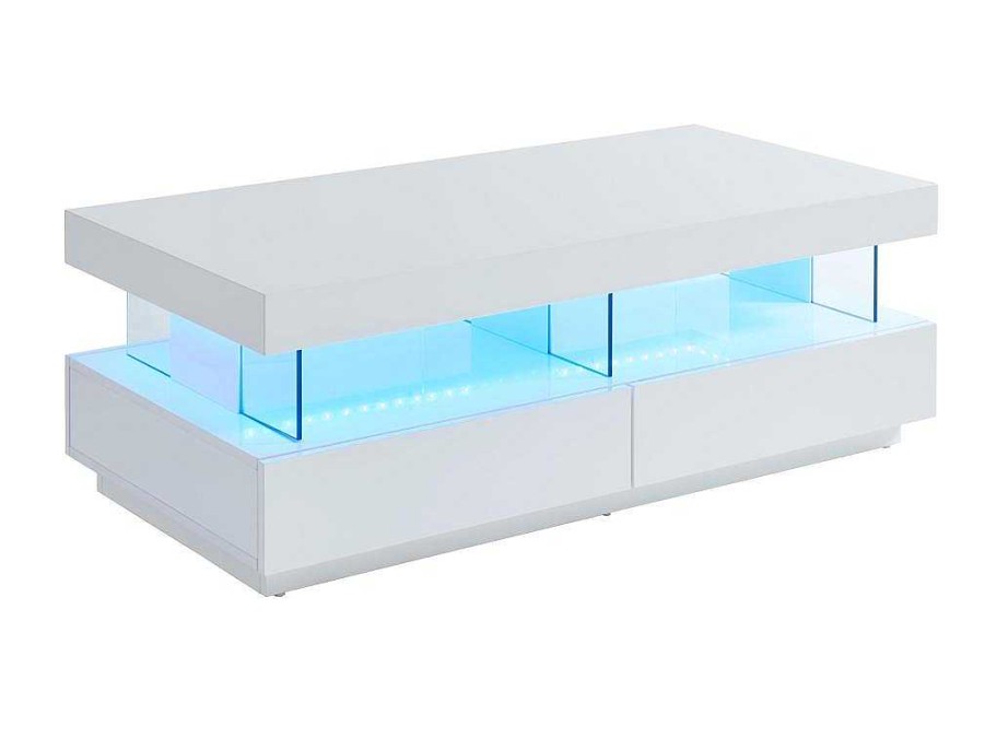 Mesa De Centro | Vente-unique Mesa De Centro 2 Gavetas E 2 Nichos Com Leds, Mdf E Vidro Temperado, Lacado A Branco - Fabio