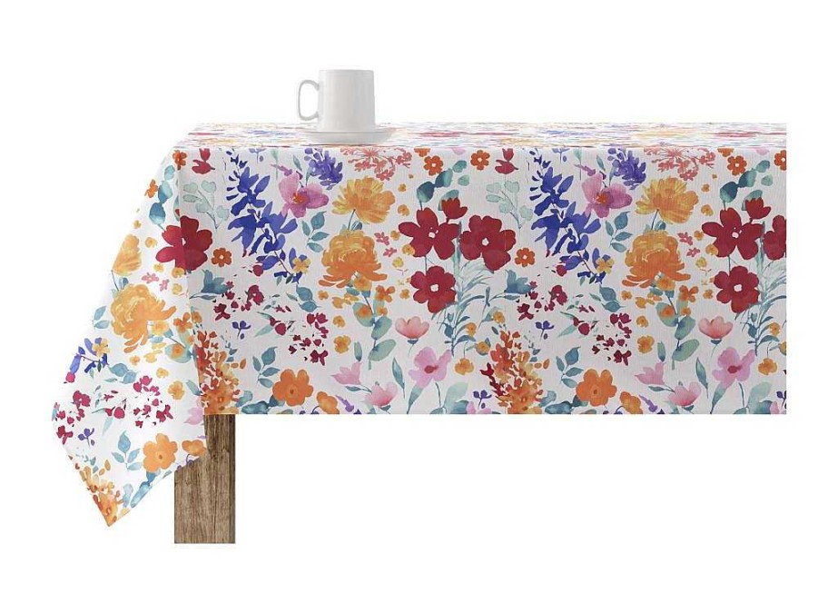 Texteis De Mesa | Purline Nappe Anti-Taches 100% Coton 1 Piece Blanc A Fleurs Vives 100X140