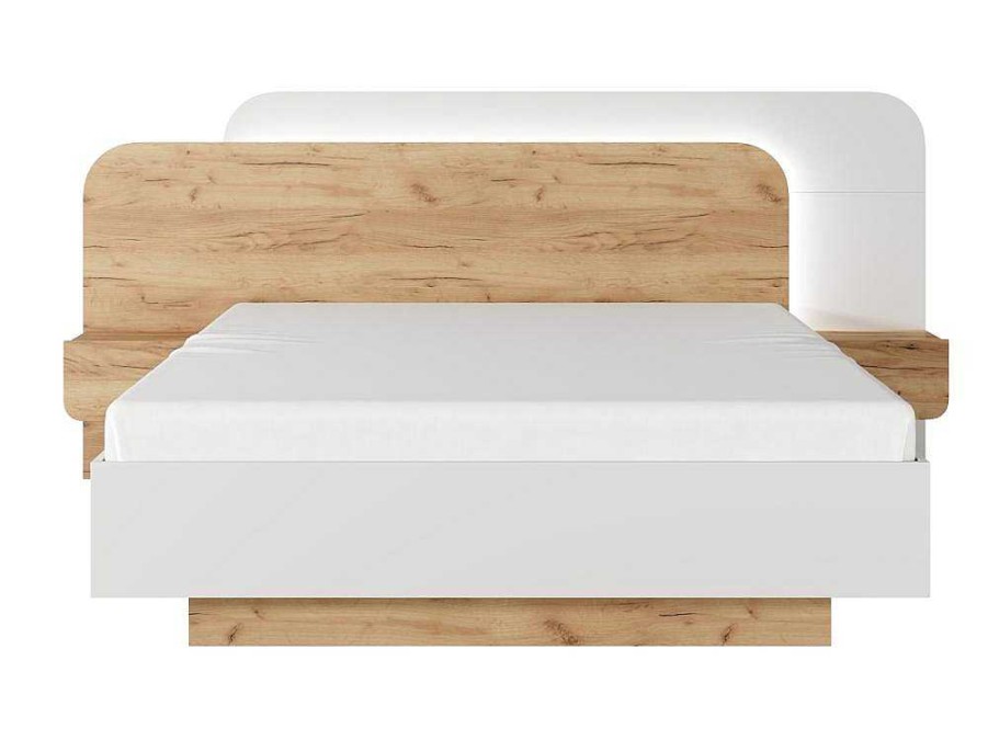 Cama De Adulto | Vente-unique Cama Com Mesas De Cabeceira 160X200 Cm, Com Leds Cor Natural E Branco + Estrado + Colchao - Desado