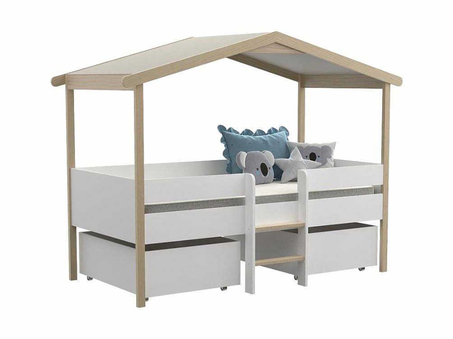 Cama De Crianca | Vente-unique Cama Cabana Com Gavetoes De 90 X 190 Cm Em Tilia Cor Branco E Cor Carvalho - Sarosi