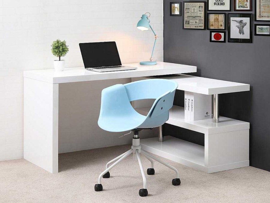 Secretaria | Vente-unique Secretaria Extensivel Em Mdf Lacado Cor Branco Com Tampo Giratorio 360° - Nicephore