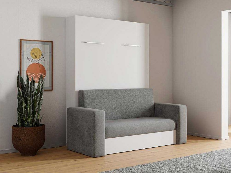 Cama Rebativel | Vente-unique Cama Rebativel Sofa 140 X 200 Cm Abertura Vertical Manual Branco E Cinza + Colchao - Vaciala Ii