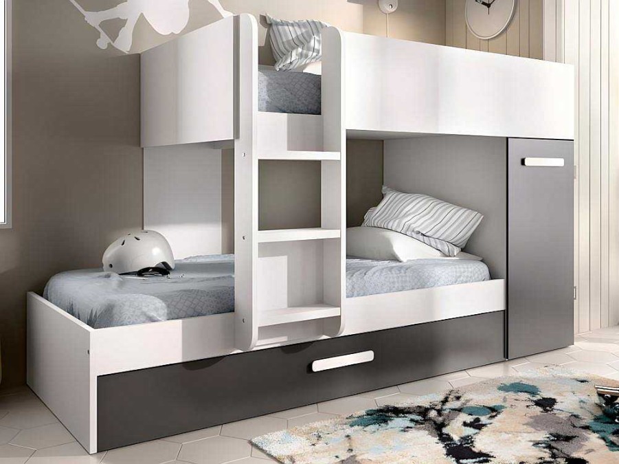 Beliche | Vente-unique Beliche Com Gaveta Cama Dupla E Com Espacos De Arrumacao 3X90X190 Cm Cor Antracite E Branco + Colchoes - Anthony