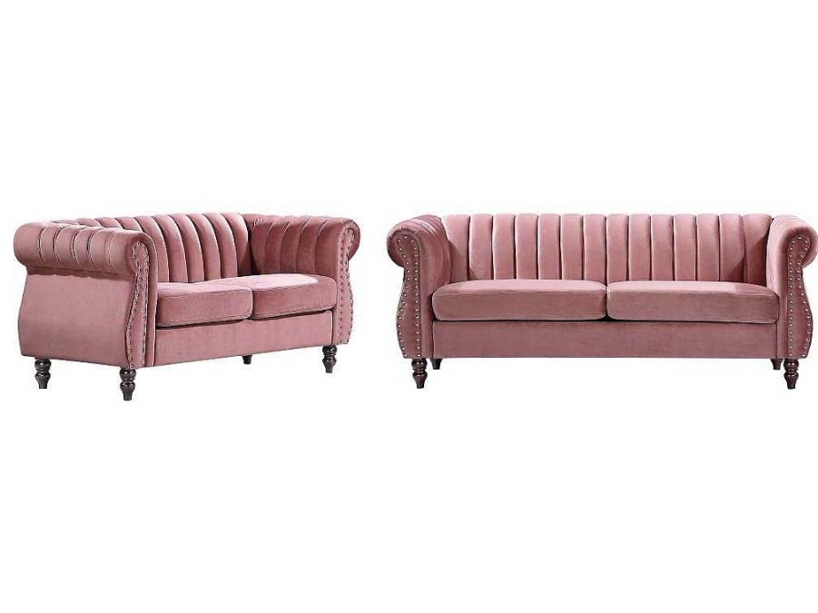 Conjunto De Sofa | Vente-unique Sofas Chesterfield 3 Lugares E 2 Lugares Veludo Cor-De-Rosa Vintage - Trumbo