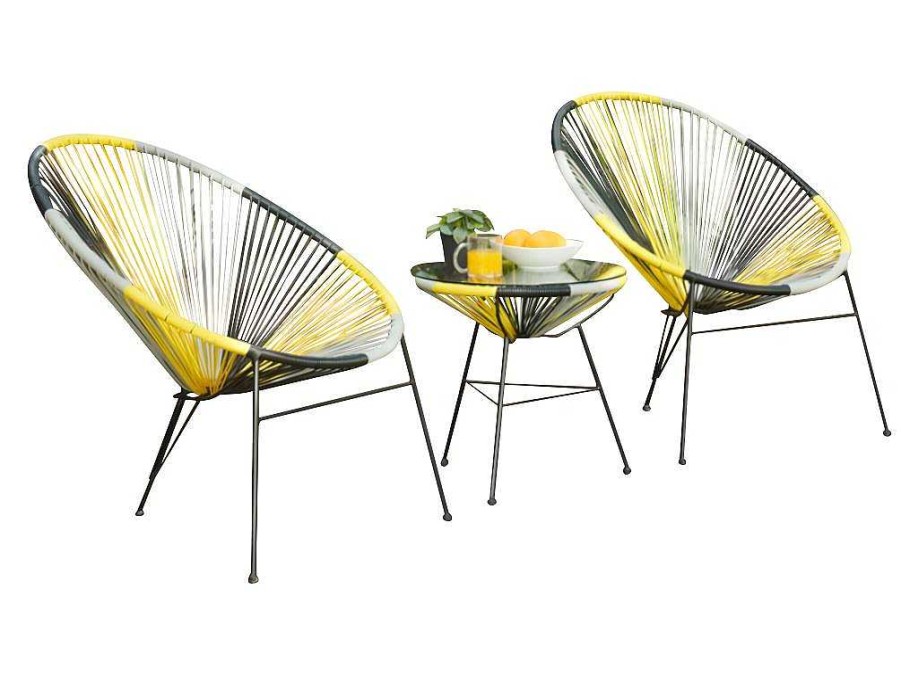 Conjunto Relax De Jardim | MYLIA Mobiliario De Jardim De Fibra De Resina Entrancada - Amarelo, Cinzento, Preto: 2 Cadeiras E Uma Mesa - Alios Ii