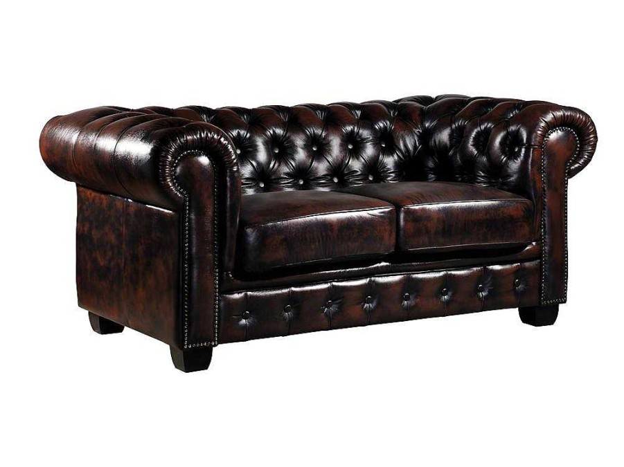 Sofa De 2 Ou 3 Lugares | LINEA SOFA Sofa 2 Lugares 100% Pele De Bufalo Castanho Com Reflexos Castanhos Estilo Chesterfield - Brenton