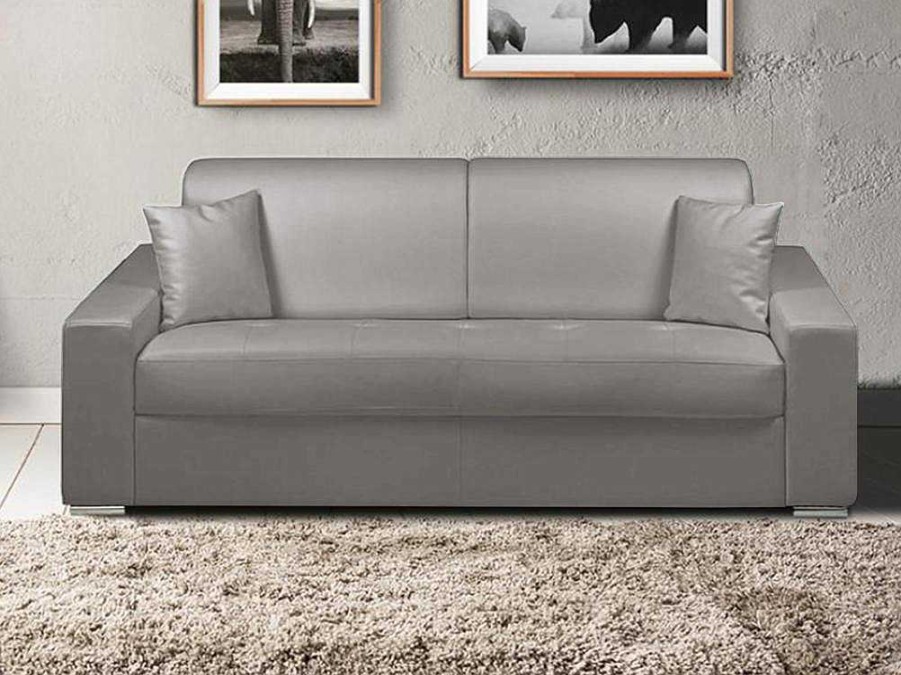 Sofa Cama De Abertura Rapida | Vente-unique Sofa De 3 Lugares Convertivel De Abertura Rapida Em Pele Sintetica Emir Cor Cinza. Cama De Ripas Largas De 140 Cm E Colchao De 18 Cm