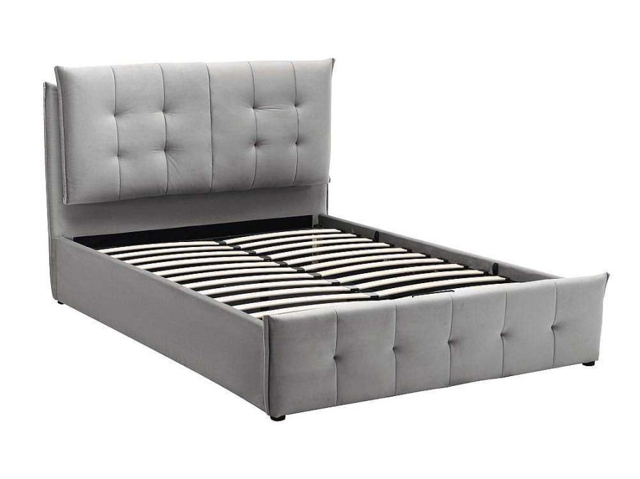 Cama Em Veludo | Vente-unique Cama Com Arrumacao 140 X 200 Cm Veludo Cinzento-Claro - Oleria