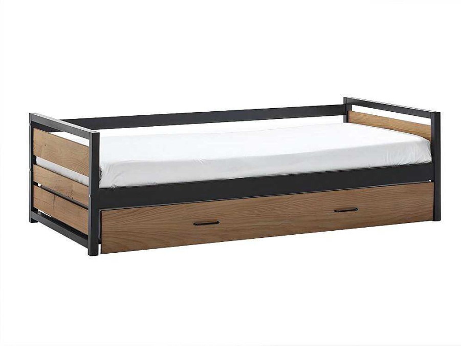 Cama De Crianca | Vente-unique Cama Dupla Industrial 2X90X190 Cm Mdf, Pinho E Metal Castanho Noz E Antracite - Boston