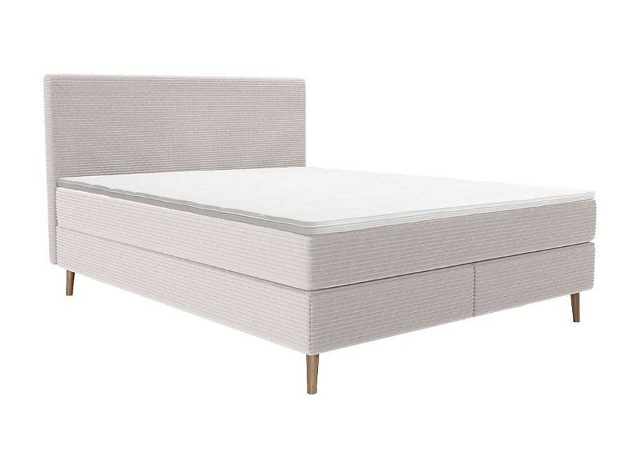 Cama Boxspring, Cama Continental | Ysmée Conjunto Completo Boxspring Com Cabeceira + Sommier + Colchao + Sobrecolchao 160 X 200 Cm Veludo Canelado Bege - Nara De Ysmee