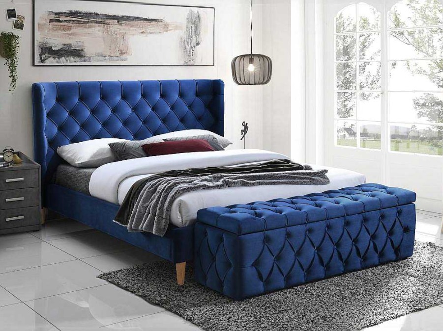 Cama Em Veludo | Vente-unique Cama 140 X 190 Cm Com Cabeceira De Cama Acolchoada Veludo Azul Real + Colchao - Enodi