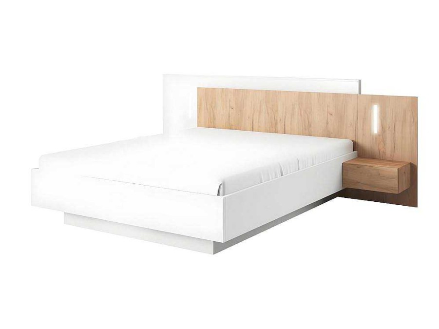 Cama De Adulto | Vente-unique Cama Com Mesas De Cabeceira De 160 X 200 Cm Com 2 Gavetas E Com Leds Cor Branco E Carvalho - Francoli