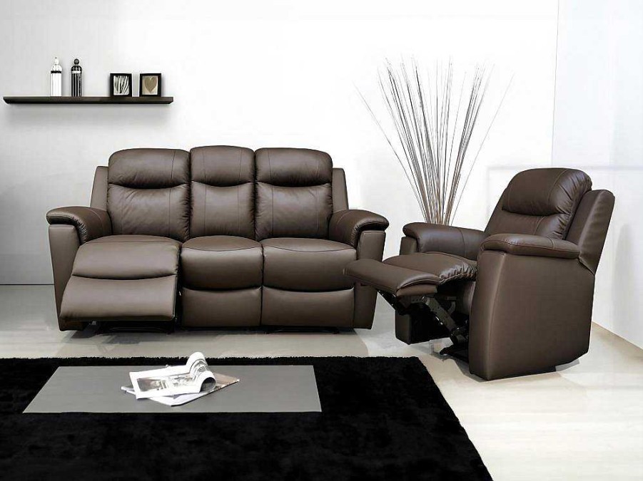 Sofa De Relaxamento Manual | Vente-unique Sofa De 2 Lugares Relax Em Pele Castanho - Evasion