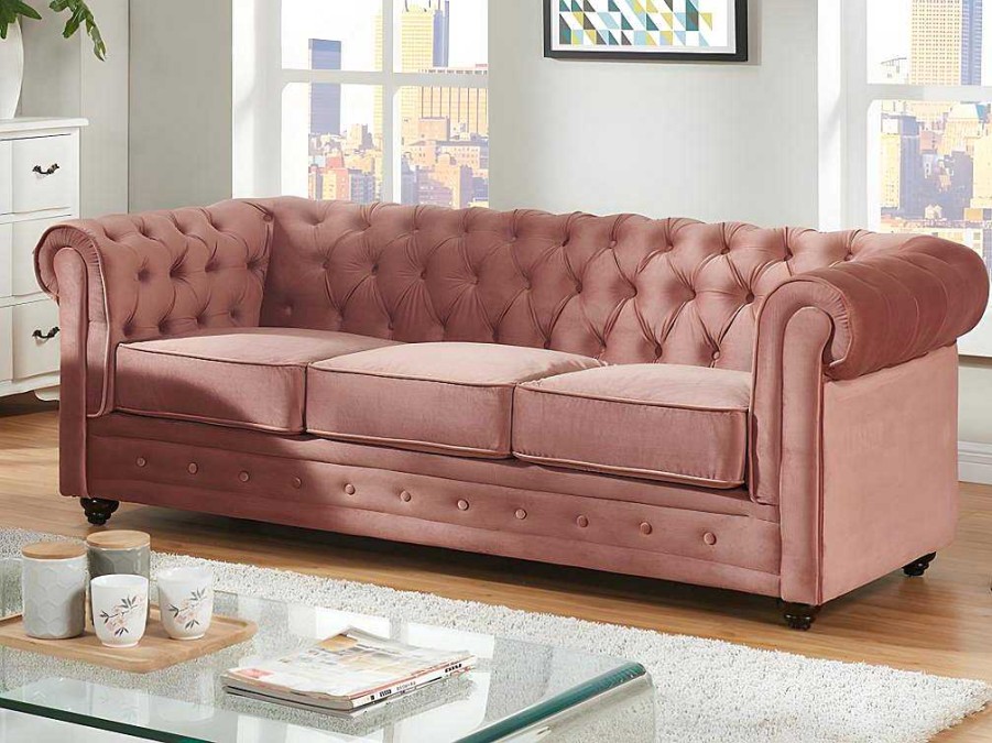 Conjunto Sofa E Poltrona | Vente-unique Sofa De 3 Lugares E Cadeirao Chesterfield - Veludo Rosa Pastel