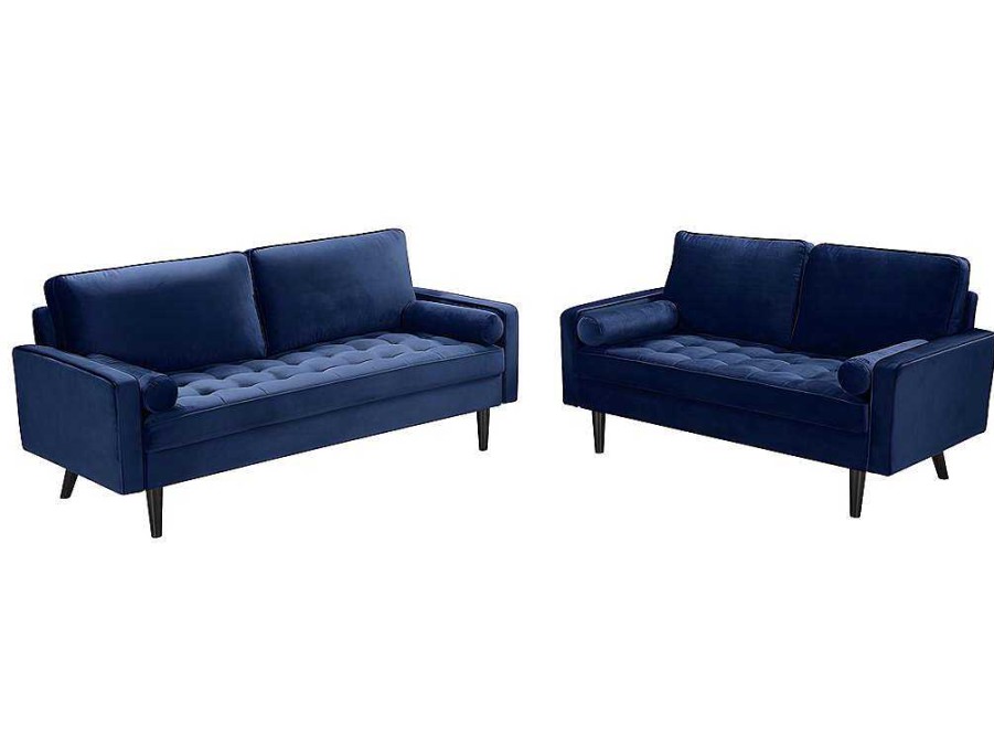 Conjunto De Sofa | Vente-unique Sofa 3+2 Lugares Em Veludo Azul Escuro - Fleuet