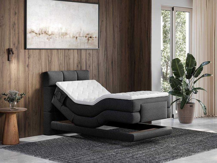 Cama Articulada | Palacio Conjunto Completo Boxspring, Cabeceira De Cama Acolchoada + Sommiers Articulados Eletricos + Colchao 100X200 Cm Tecido Antracite - Lodi Da Palacio