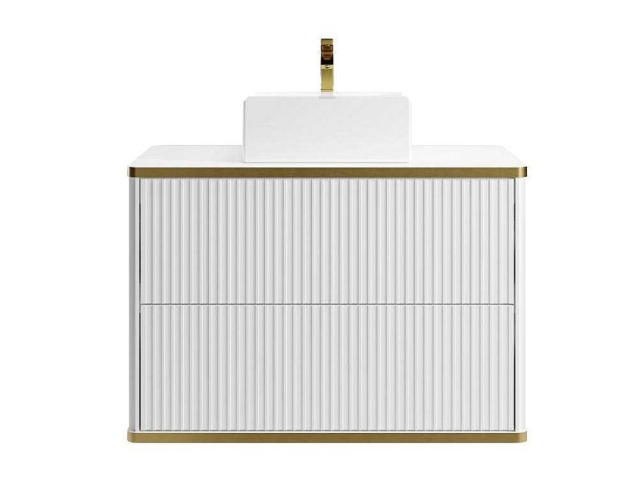 Movel Lavatorio Individual | Vente-unique Movel De Casa De Banho Suspenso Estriado Rebordo Dourado Com Lavatorio De Pousar Branco 80 Cm - Keliza