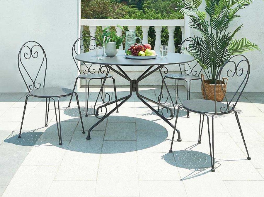 Conjunto Mesa E Cadeiras De Jardim | MYLIA Mesa De Jardim D.120 Cm Metal Estilo Ferro Forjado Antracite - Guermantes De Mylia