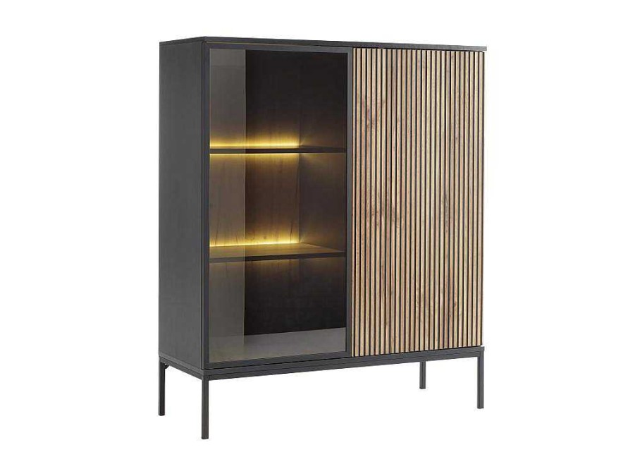 Biblioteca, Vitrina, Estante | Vente-unique Vitrina 2 Portas Com Leds Mdf E Vidro Fumado Preto E Natural - Ovila