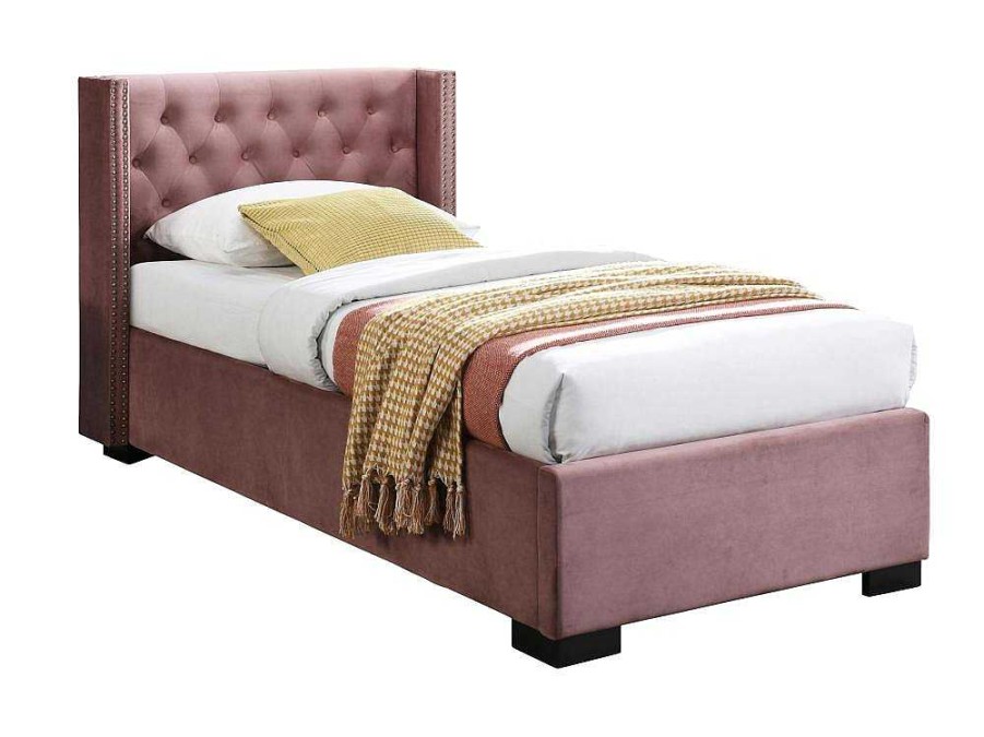 Cama Com Arrumacao | Vente-unique Cama Com Arrumacao 90 X 200 Cm E Cabeceira Estofada, Veludo Cor-De-Rosa - Massimo