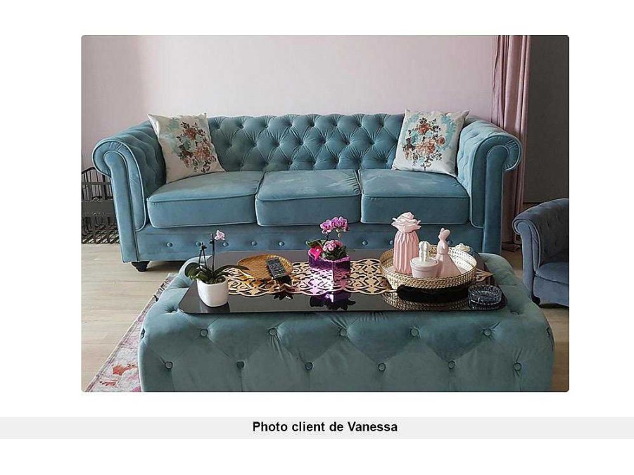 Sofa De 2 Ou 3 Lugares | Vente-unique Sofa De 3 Lugares Chesterfield - Veludo Azul Pastel