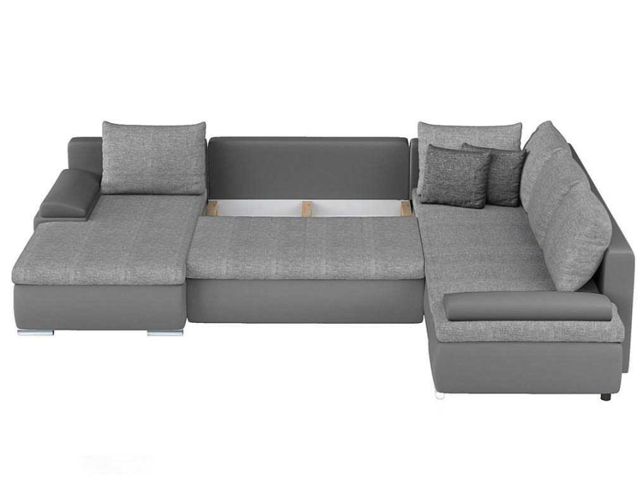 Sofa Panoramico | Vente-unique Sofa De Canto Panoramico Convertivel Em Cama E Reversivel Em Pele Sintetica E Tecido Cinzento - Dakota