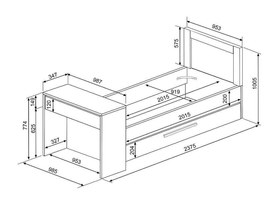 Cama Dupla | Vente-unique Cama Dupla 2X90X200 Cm, Com Secretaria Cor Natural E Antracite + Sommier - Vouani