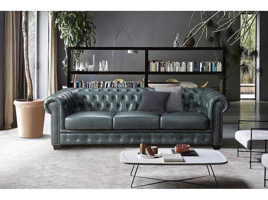 Promocoes Sofas & Poltronas | LINEA SOFA Sofa Chesterfield 4 Lugares Brenton 100% Pele De Bufalo Superior Cor Verde-Acinzentado