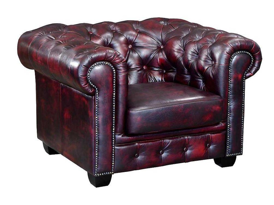 Poltrona Em Pele | LINEA SOFA Cadeirao 100% Pele De Bufalo Cereja Estilo Chesterfield - Brenton