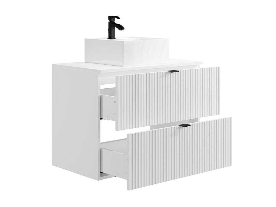 Movel Lavatorio Individual | Vente-unique Movel De Casa De Banho Suspenso Estriado Com Lavatorio De Pousar Branco C80 Cm - Zevini