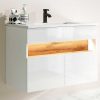 Movel Lavatorio Individual | Vente-unique Movel De Casa De Banho Suspenso Com Leds E Lavatorio De Encastrar, Branco E Natural Escuro C80 Cm - Pozega