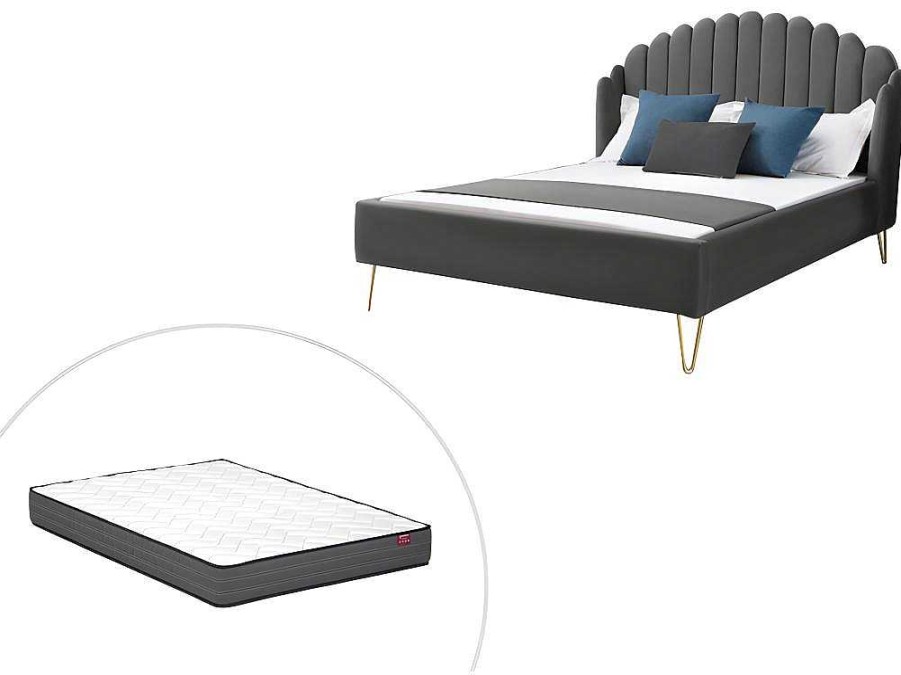 Cama Em Veludo | Vente-unique Cama 160 X 200 Cm Com Cabeceira De Cama Ondulada Veludo Cinzento + Colchao - Sagali