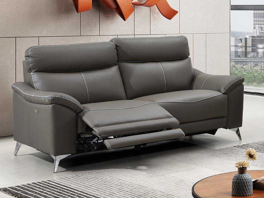 Sofa De Relaxamento Eletrico | Vente-unique Sofa De 3 Lugares Relax Eletrico Em Pele Taupe - Metronomya