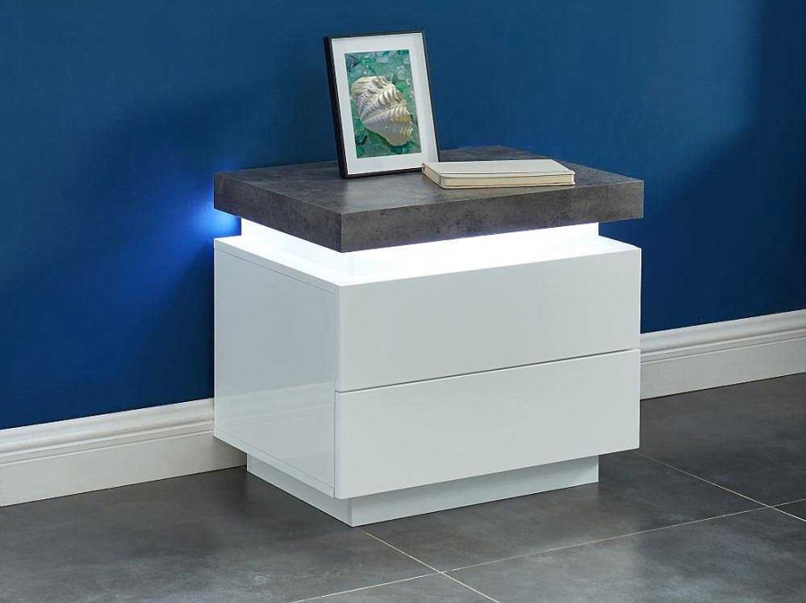 Mesa De Cabeceira | Vente-unique Mesa De Cabeceira - 2 Gavetas - Mdf Lacado - Com Leds - Cor: Branco E Cinza Cimento - Halo Ii