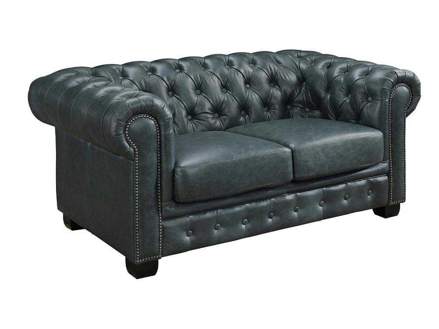 Sofa Em Pele | LINEA SOFA Sofa Chesterfield 2 Lugares Brenton 100% Pele De Bufalo Superior Cor Verde-Acinzentado