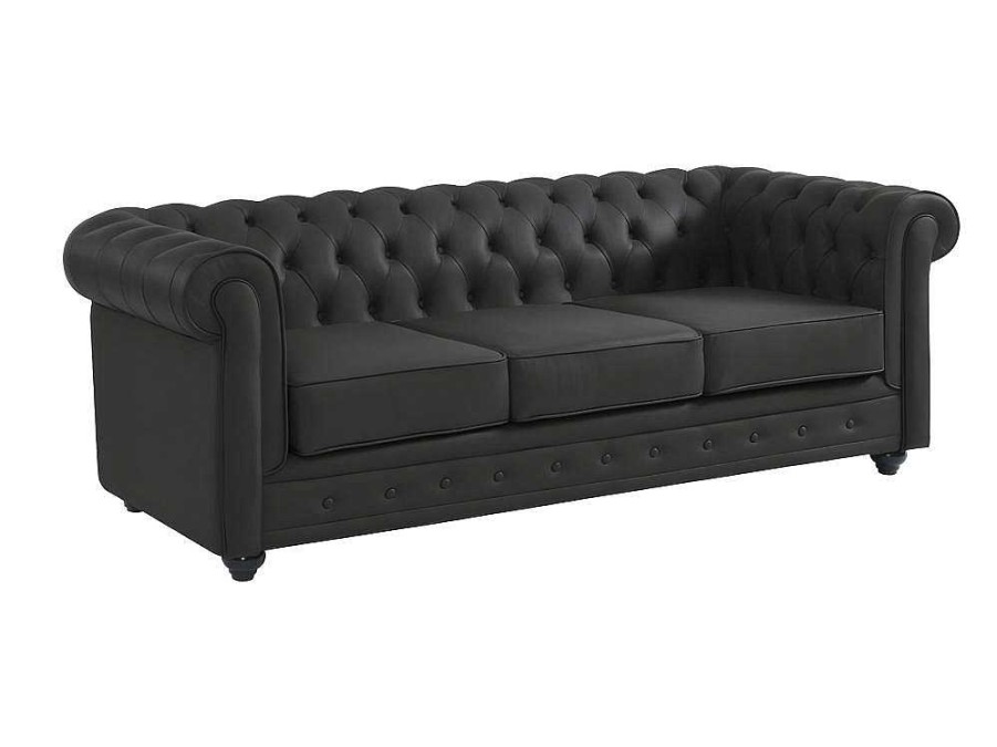 Sofa Em Pele | Vente-unique Sofa De 3 Lugares Em Pele De Bufalo - Preto - Chesterfield