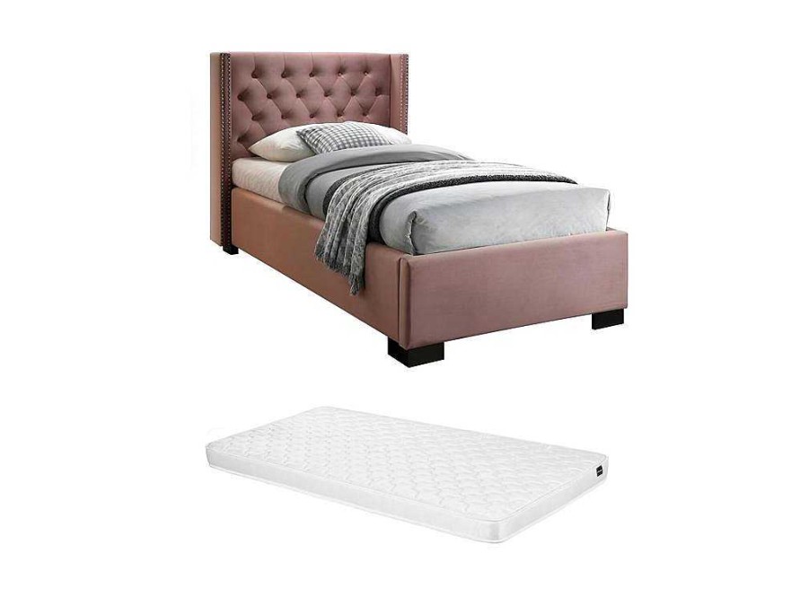 Cama Em Veludo | Vente-unique Cama Com Cabeceira De Cama Acolchoada 90 X 200 Cm Veludo Cor-De-Rosa + Colchao - Massimo Ii