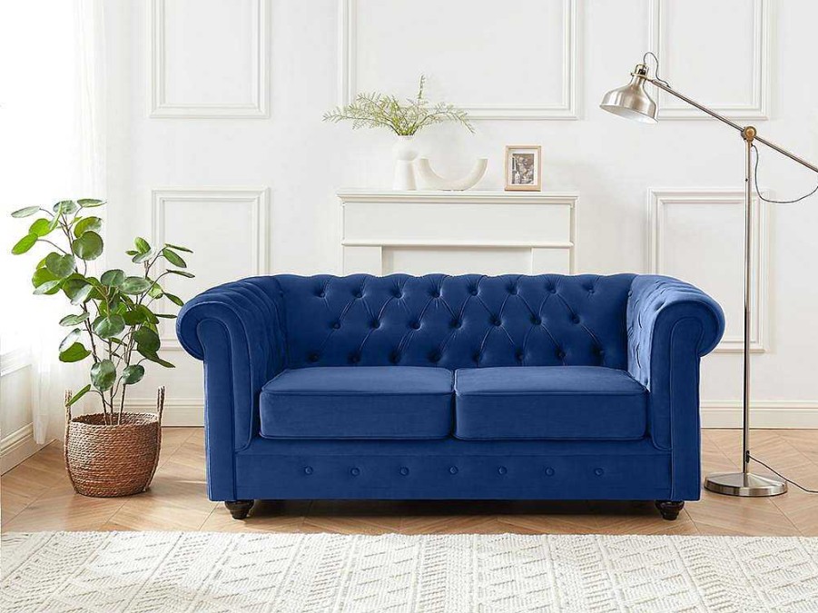 Sofa De 2 Lugares | Vente-unique Sofa De 2 Lugares Em Veludo Cor Azul Real - Chesterfield