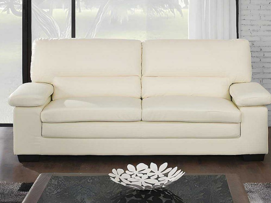 Conjunto Sofa E Poltrona | Vente-unique Sofa De 3 Lugares E Poltrona Em Pele De Bufalo Marfim - Mimas Ii