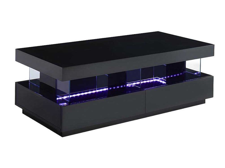 Mesa De Centro | Vente-unique Mesa De Centro - Mdf Lacado Preto - Leds 2 Gavetas & 2 Nichos - Fabio