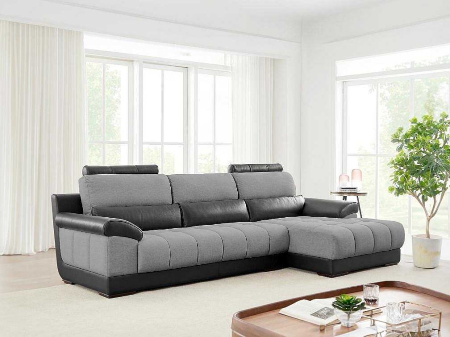 Promocoes Sofas & Poltronas | LINEA SOFA Sofa De Canto Direito Em Tecido E Pele Preta E Cinza - Aragon