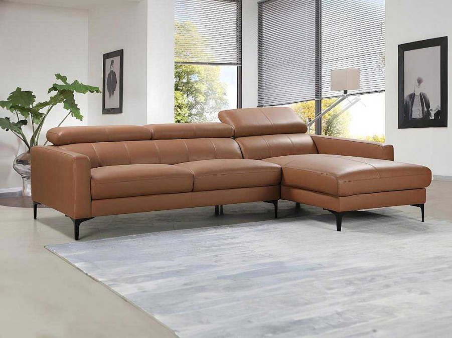 Sofa Em Pele | LINEA SOFA Sofa De Canto Em Pele De Bufalo E Apoios De Cabeca Florence - Caramelo - Canto Direito