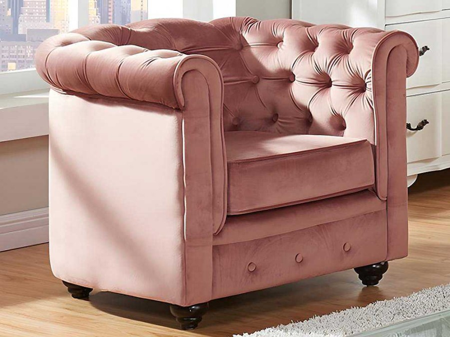 Conjunto Sofa E Poltrona | Vente-unique Sofa De 3 Lugares E 2 Cadeiroes Chesterfield - Veludo Rosa Pastel