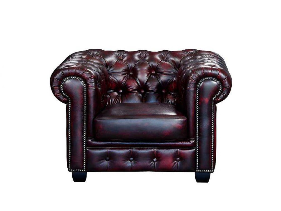 Poltrona Em Pele | LINEA SOFA Cadeirao 100% Pele De Bufalo Cereja Estilo Chesterfield - Brenton