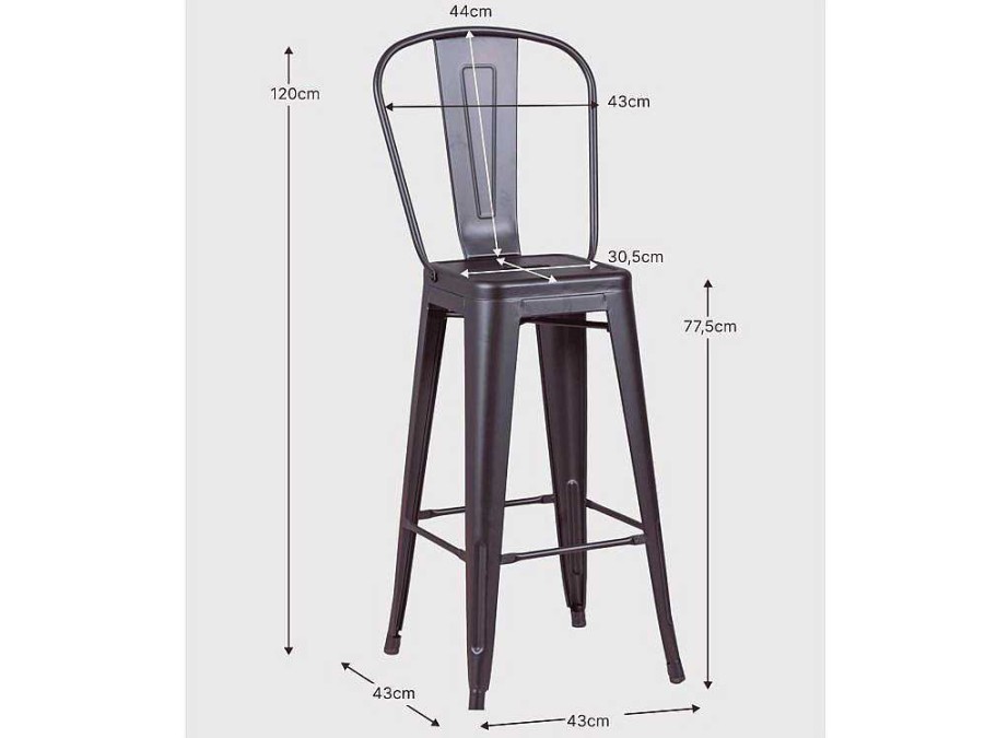 Bancos De Bar | Vente-unique Banqueta Metalica Em Aco Lacado Com Encosto Alto (76Cm) - Bistro - Preto